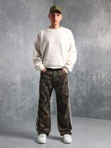 SUMWON 军用工装风格直筒裤，侧条纹设计，战术作战裤，街头时尚，四季耐穿裤，带撞色胶带