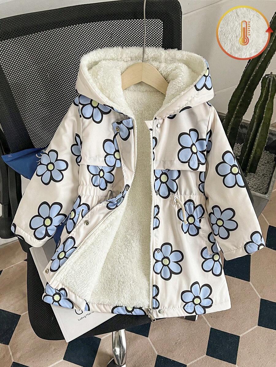 SHEIN 年轻女孩连帽拉链印花保暖冬季夹克