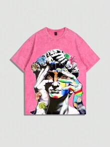 ROMWE MEN Street Life Men's Printer Round Collar Short Sleeve T-Shirt - Pink - View 1