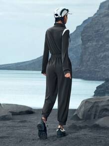 In My Nature Women's Solid Color Patchwork Front Zipper Long Sleeve Casual Jumpsuit - Black and White - View 7