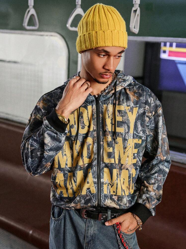 PAVTROS Manfinity Streetrush Manfinity Streetrush Men's Autumn Letter Print Zip Front Hooded Sweatshirt - Multicolor - View 7