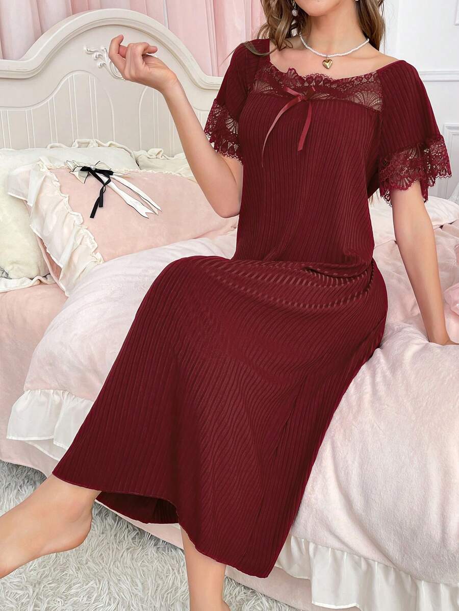 Côtesoire Women's Ruffle Lace Loose Nightgown, Simple & Fashionable For Everyday Casual Wear - Burgundy - View 1