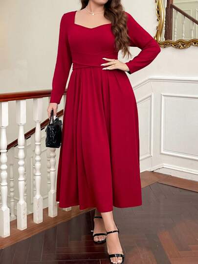 SHEIN Privé Vestido rojo de corte ajustado con escote de corazón, mangas largas, espalda cruzada con lazo y falda midi en línea A. Elegante para ir al trabajo, ocasiones formales, té de la tarde, citas, conciertos, fiestas, en estilo vintage y académico, para tallas grandes y modestas