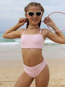 SHEIN 2pcs/Set Tween Girl Fashion Pink Bikini Swimwear Set, Suitable For Beach, Swimming, Travel In Summer - Pink - View 3