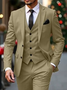 Calvornis Men's Simple Notched Collar Long Sleeve Top & Long Pants Suit Set - Khaki - View 1