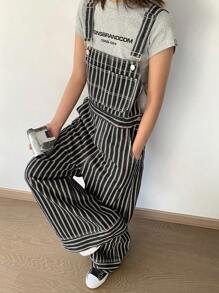 DAZY 女式条纹宽松口袋牛仔工装裤 - 黑與白 - 查看 4