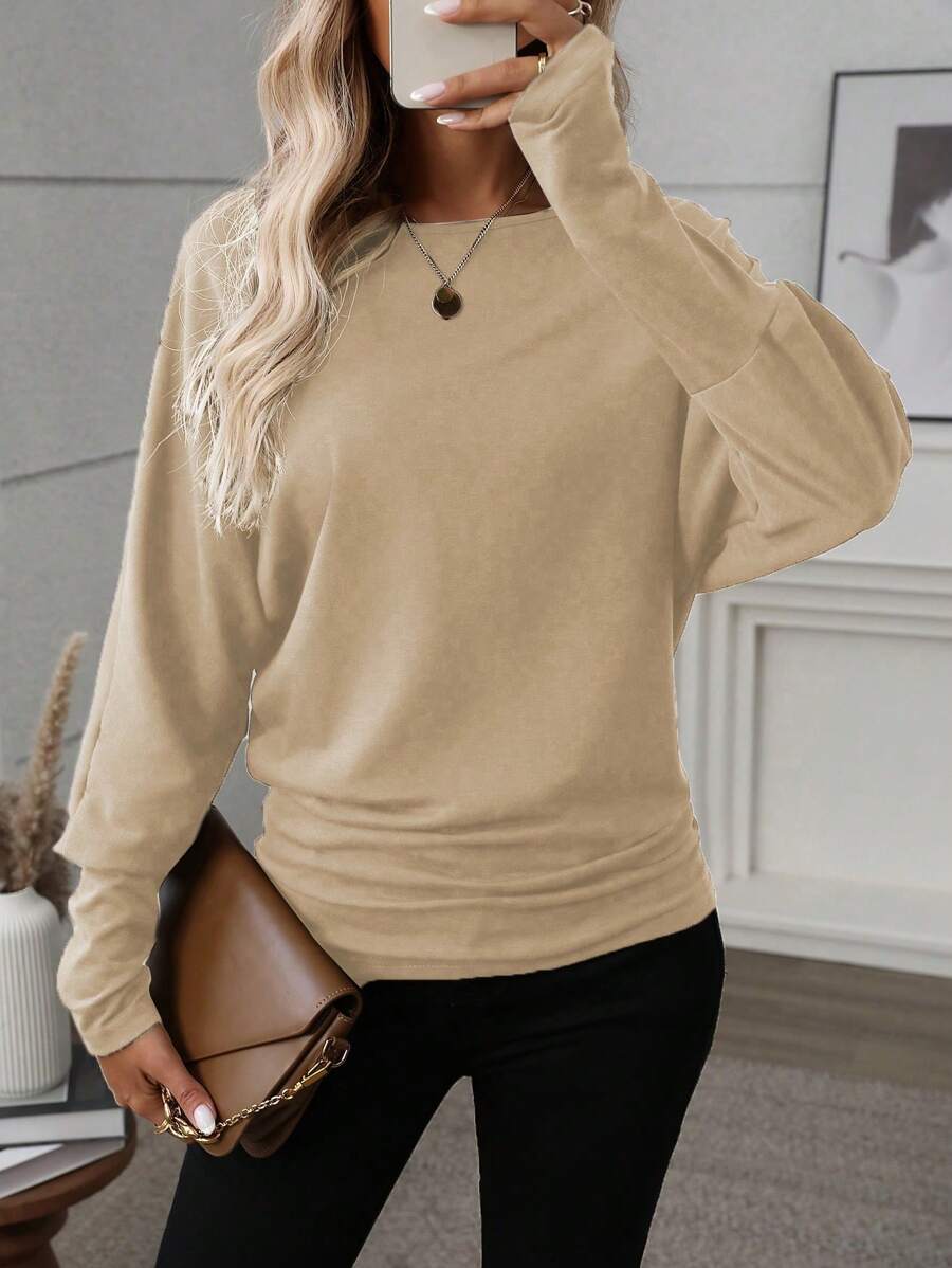 SHEIN LUNE Women's Casual Plain Crew Neck Bat Sleeve Pleated Long Sleeve T-Shirt, Autumn - Apricot - View 1