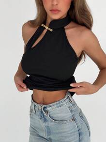 Aloruh Top de cuello halter elegante y retro de metal de color liso y versátil - Negro - Ver 5