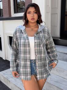 INAWLY Plus Size Women's Plaid Drop Shoulder Loose Hooded Coat With Pockets, Spring & Fall