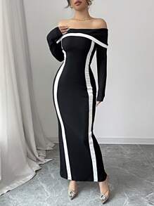 Chiquease Women's Elegant Black & White Color Block Off Shoulder Bodycon Sexy Dress
