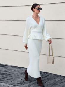 EURMUSE Chic Peplum Knit Two-Piece Set - Blush - White - View 7