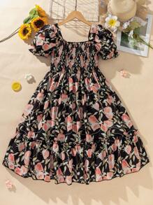 Girls Floral Print Ruffle Trim Square Neck Bubble Sleeve Dress, Suitable For Summer