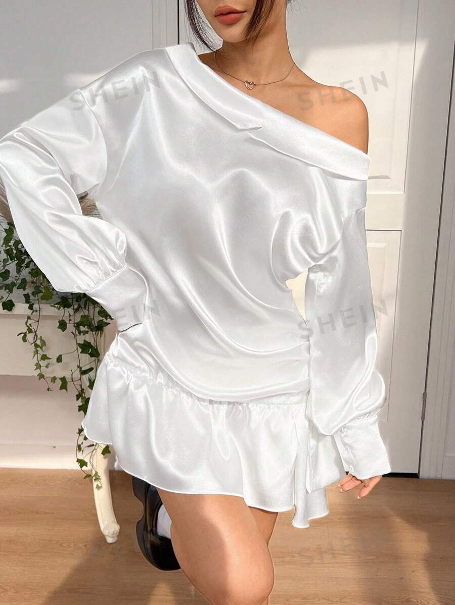 SHEIN EZwear Vestido midi casual de unicolor con hombros al descubierto para uso diario de mujer