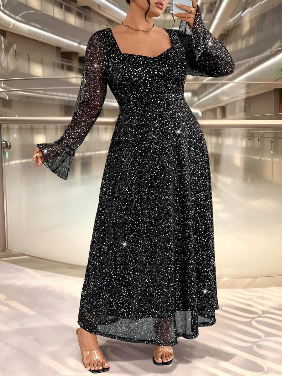 SHEIN Unity Plus Size Women's Elegant Black & Silver Flare Sleeve Metallic Fabric Fitted Long Evening Gown Dress For Party