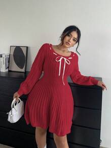 Flirla Women A-Line Drawstring Boat Neck Casual Sweater Dress, Autumn/Winter Fall Cloth For Women - Burgundy - View 6