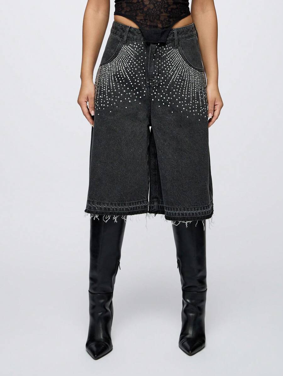 SUMWON WOMEN Rave Embellished Wide Leg Denim Jorts - Black - View 1