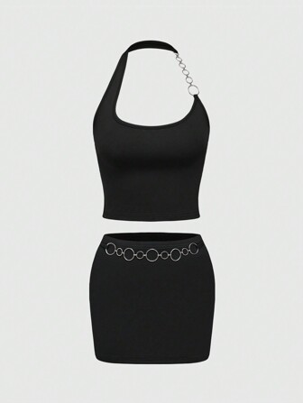 Conjunto de 2 piezas con top corto halter metálico sexy y falda ultrabreve de cintura superbaja con estilo Y2K para mujer