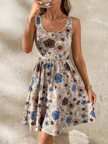 SHEIN Clasi Women's Elegant Square Neck Tank Top Floral Print Fitted Mini A-Line Dress, Casual Summer Vacation Resort Wear