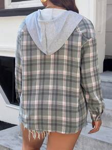 INAWLY Plus Size Women's Plaid Drop Shoulder Loose Hooded Coat With Pockets, Spring & Fall