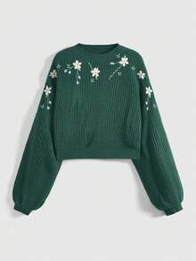 ROMWE Fairycore Women Floral Embroidered Crew Neck Long Sleeve Casual Pullover Sweater