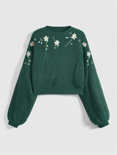 Fairycore Maglione casual da donna a girocollo con maniche lunghe, con ricamo floreale