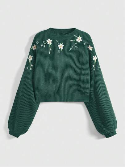 ROMWE Fairycore Women Floral Embroidered Crew Neck Long Sleeve Casual Pullover Sweater