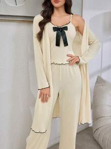 Conjunto de 3 piezas de pijama para mujer: Camisola con estampado jacquard y lazo de color contrastante, pantalones y bata de estar por casa