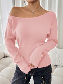 SHEIN SXY Solid Pink Wide Collar Sexy Sweater, Long Sleeve Top In Fall/Winter