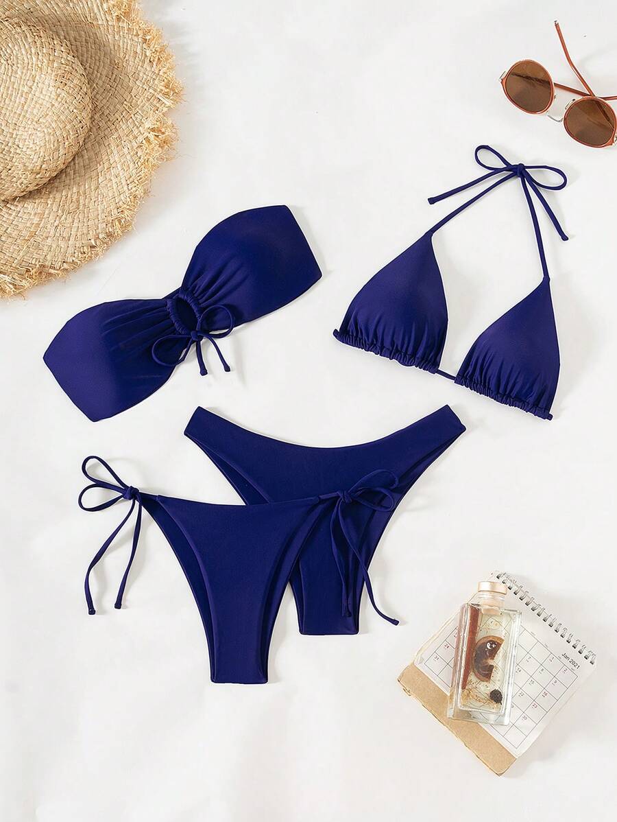 Swim Vcay Spring Break Women Beach Wear Summer Outfits, Women's New Resort Multi-Piece Halter Strapless Solid Color Swimwear Bikini Set, Festival Boho - Royal Blue - View 1