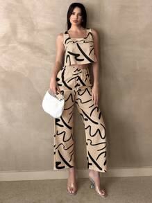 SHEIN Frenchy 2pcs/Set Women's Casual Line Pattern Square Neck Camisole Top And Pants Set Brown Summer - Khaki - View 1