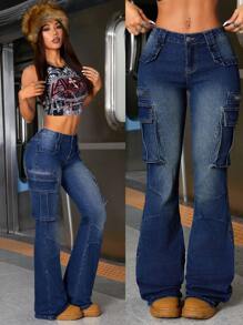 SHEIN ICON Retro Low Waisted Women Flare Leg Denim Jeans Palazzo Pants - Medium Wash - View 2