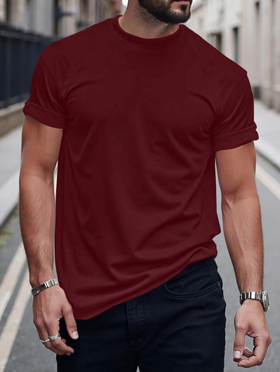 Manfinity Homme Men's Solid Color Crew Neck Short Sleeve Casual Top Man Red Burgundy Top Men Tee - Burgundy - View 1