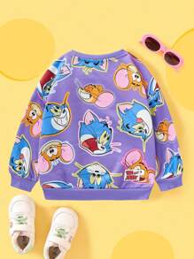 TOM & JERRY X SHEIN 年轻女孩卡通印花休闲可爱圆领运动衫 - 紫色 - 查看 2