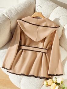 Feyla Jaqueta Casual Feminina com Bloco de Cores, Cordão Frontal e Bolso - Caqui - Visão 2