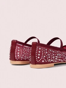 CUCCOO DOLLMOD Fashionable Wine Red Rhinestone Mesh Burgundy Mary Jane Flats, Cute & Sweet For School Students Valentine's Day