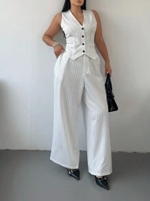 POPSWAY Plus Size Asymmetrical Hem Blouse And Straight-Leg Pants 2 Pieces Set - Black and White - View 2