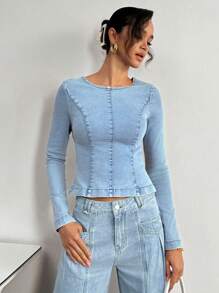 SHEIN Essnce Áo sơ mi denim cổ tròn tay dài thường ngày cho nữ có khóa kéo sau - Màu xanh lam - Xem 2