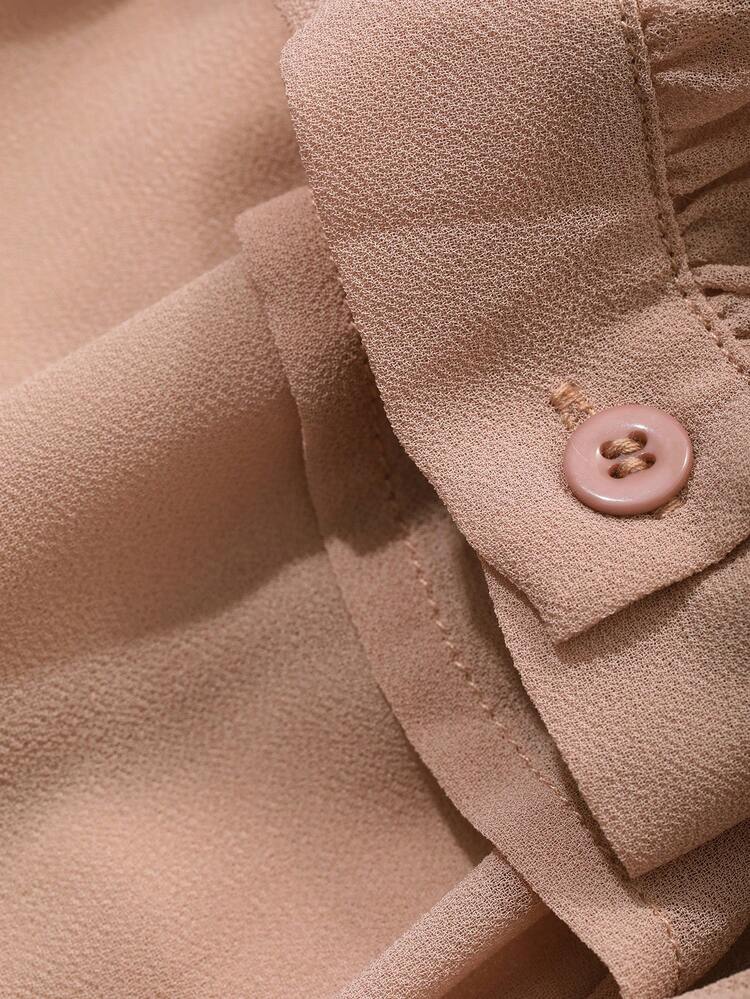 Solid Color V-Neck Hollow Puff Sleeve Mid-Length Dress For Women Elegant,Ruffle,Fall Dress Long Sleeve Dress Maxi Dress