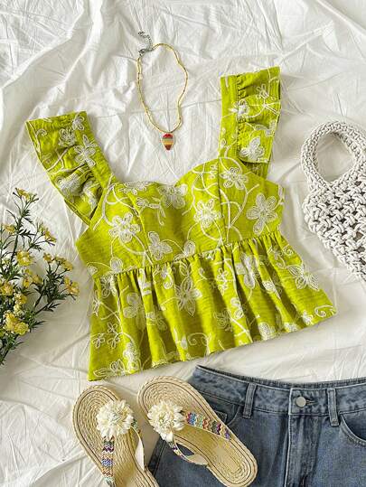 Soleia 女士度假绿色和米色刺绣面料短袖衬衫，清新春夏