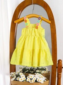 SHEIN Baby Girl New Summer Woven Jacquard Solid Color Dress With Floral Strap Decoration - Yellow - View 2