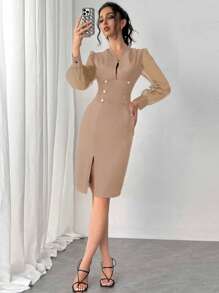 Elenzga Vestido elegante para commuter con mangas abullonadas de malla