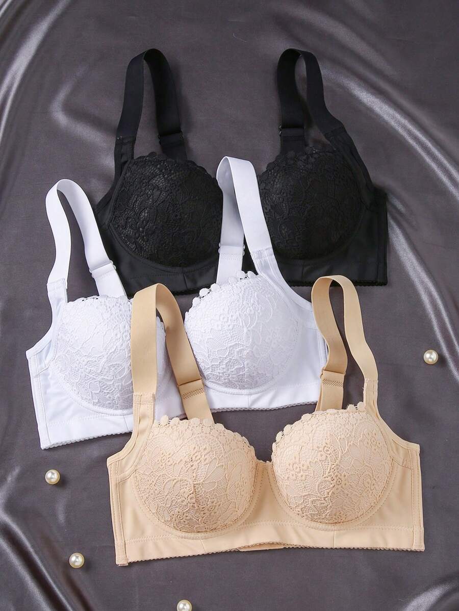 DesireSculpt 3pcs Women Lace Soft & Comfortable Adjustable Strap Gather Lift Bra With Underwire Lingerie - Multicolor - View 1