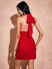 Poéselle Red Women Dresses,Valentine's Day Dress,Big Backless Dress,Valentine's Day Clothes,Party Women Dresses,Bow Embellishment,Women Simple Solid Color Halter Mini Dress, Casual Daily Wear,Suitable For Everyday, Out On The Street, Dates, Parties, New Year's Eve Costumes, Dinner Parties