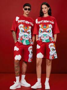 Manfinity Unisex 2pcs/Set Streetwear Relaxed Dropped Shoulder Crew Neck Short Sleeve T-Shirt And Straight Leg Mid-Waist Shorts, Happy New Year Blessing And Lion Design Print For Chinese New Year