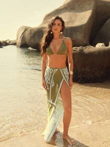 Anewsta Conjunto de bikini con parte superior de atar al cuello y Bottom de unicolor, con falda cubre-bikini de gasa con estampado geométrico, para usar en la playa o vacaciones de verano