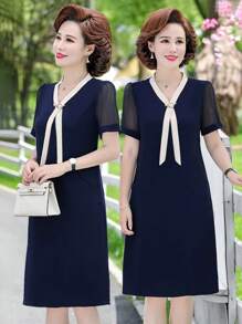 EMERY ROSE Women V-Neck Contrast Button Embellished Short Sleeve Top - Navy Blue - View 1