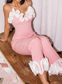 SweetSlumber Conjunto de ropa de dormir de estilo colorblock con volantes para mujer