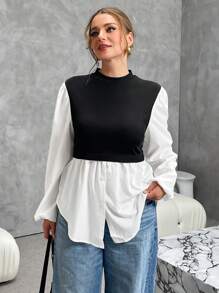 SHEIN Essnce Plus Size Color Block Ruffle Hem Crew Neck Long Sleeve Blouse For Women - Black and White - View 6