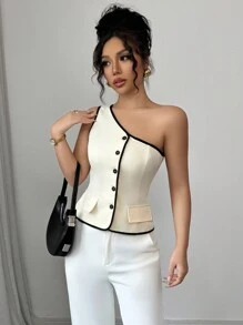 Rafferiza Top elegante ajustado al Body con hombro asimétrico sin mangas y botones decorativos para mujer - Albaricoque - Ver 6
