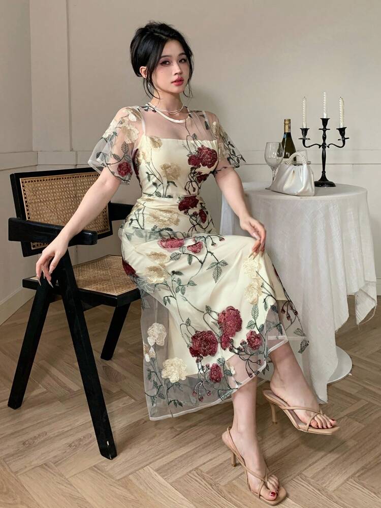 Women Floral Print Square Neck Short Sleeve Casual Elegant Dress Summer Elegant Easter Maxi Dress